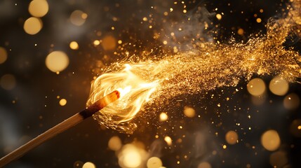 Wall Mural - A matchstick burns brightly, creating a trail of sparks and smoke. The image is a beautiful and evocative representation of the power of fire.