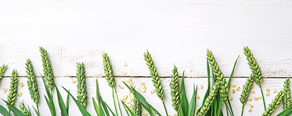 Wall Mural - Green wheat spikes and grains lying on white rustic wooden background