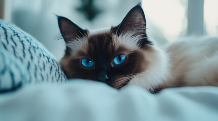 Adorable Siamese kitten with blue eyes lying on the bed. Concept of adorable little pets.