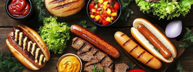 Wall Mural - Grilled sausages, burger patties, hot dogs, buns, lettuce, tomatoes, onions, pineapple salsa, mustard, ketchup, herbs, wooden table