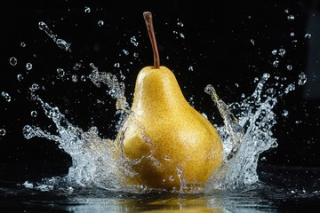 Wall Mural - Yellow pear thrown into the water on black background