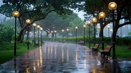 Sticker - an empty park path lined with street lamps