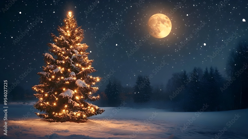A serene winter night scene with a glowing Christmas tree in the ...