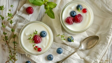 Wall Mural - Delicious yogurt dessert with fresh fruit. This image showcases two cups of yogurt topped with blueberries and raspberries. Perfect for health and wellness. Simple yet elegant visual. AI