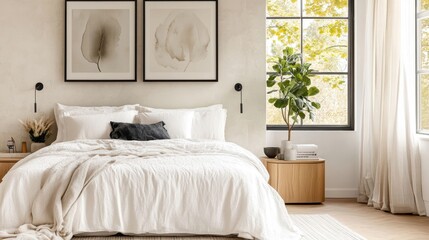 An minimalist bedroom interior, soft neutral tones, king size bed with rumpled white linens, two minimalist wooden nightstands, potted plant, large window with natural light, framed abstract wall art,