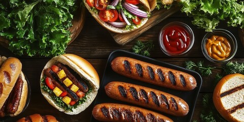 Wall Mural - Grilled sausages, burger patties, hot dogs, buns, lettuce, tomatoes, onions, pineapple salsa, mustard, ketchup, herbs, wooden table