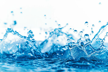 Water splashes and drops isolated on white background. Abstract background with blue water wave