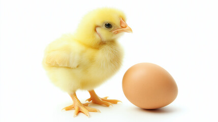 Wall Mural - newborn broiler chicken near an egg , isolated on white background