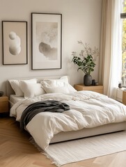 An minimalist bedroom interior, soft neutral tones, king size bed with rumpled white linens, two minimalist wooden nightstands, potted plant, large window with natural light, framed abstract wall art,