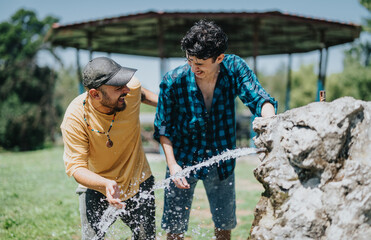 Two friends having fun splashing water in a park on a sunny day, showing joy and playful moments.