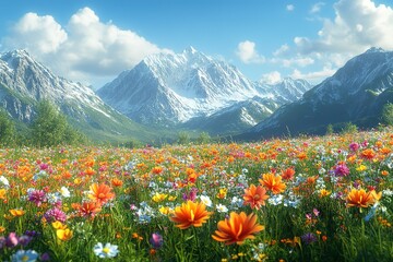 A field of flowers with mountains in the background