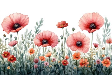 Wall Mural - A painting of a field of flowers with a pink and white color scheme