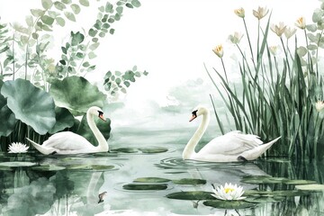 Beautiful illustration of two swans gliding on a serene pond surrounded by lush greenery and blooming water lilies.