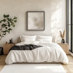 An minimalist bedroom interior, soft neutral tones, king size bed with rumpled white linens, two minimalist wooden nightstands, potted plant, large window with natural light, framed abstract wall art,