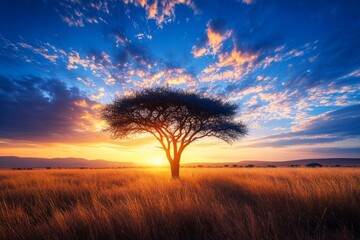 Wall Mural - A stunning sunset illuminates a lone tree in a vast golden field. The vibrant sky features clouds that dance with colors. Perfect for nature lovers and photographers. Generative AI