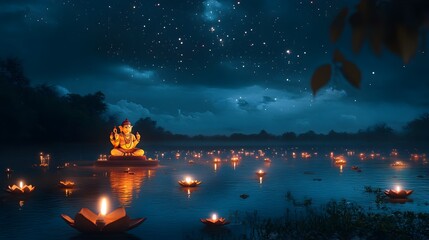 Serene Ganesh Chaturthi Riverside Ceremony with Floating Lamps and Glowing Idol under Starry Sky   A dreamy and spiritual atmosphere for this Hindu festival in India