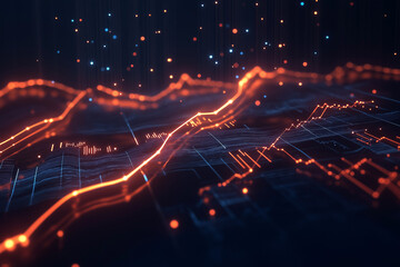 A futuristic line graph in a dark space, with neon lights and pulsing nodes representing data points