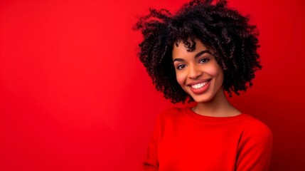 A joyful young woman smiles brightly against a red background. The image captures her vibrant energy and confidence. Perfect for displaying positivity and beauty. AI