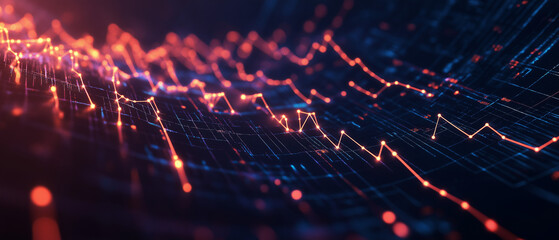 A futuristic line graph in a dark space, with neon lights and pulsing nodes representing data points