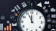 © Saud - A clock is prominently displayed over a backdrop of various business-related icons, illustrating themes of time management, productivity, and strategy in a contemporary office atmosphere