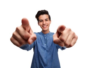 young hispanic man wearing casual clothes pointing camera fingers smiling positive cheerful