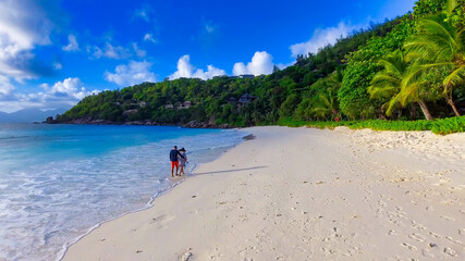 Sticker - Mahe Beach, Seychelles. Aerial view of tropical coastline on a sunny day