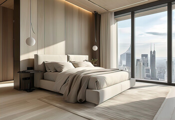 interior design of modern high end light colors skyscraper apartment , neutral materials, modern, living room,