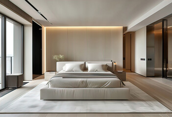 interior design of modern high end light colors skyscraper apartment , neutral materials, modern, living room,