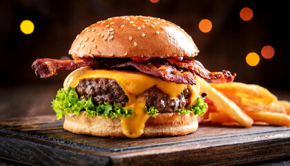 Gourmet Cheeseburger with Melted Cheddar, Crispy Bacon, and Fresh Lettuce on a Sesame Bun