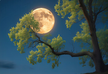 tree tops with full night moon overhead in thick clouds