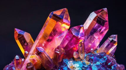 Wall Mural - a close-up shot of a cluster of amethyst crystals illuminated with colorful light, on a black backgr