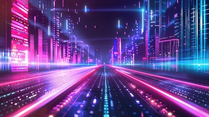 Wall Mural - Futuristic neon cityscape with vibrant lights and fast-moving data streams conveying a modern, digital metropolis at night.