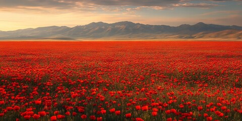 A vast field of vibrant red poppies stretches to the horizon, bathed in golden light as dusk approaches, evoking a sense of remembrance.