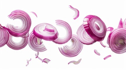 Wall Mural - Fresh and vibrant red onions are sliced in an artistic manner. The photo captures the beauty and details of the onion layers. Perfect for culinary and food-related projects. AI