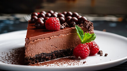 Wall Mural - A slice of chocolate cake with raspberries and chocolate chips on top. The cake is served on a white plate