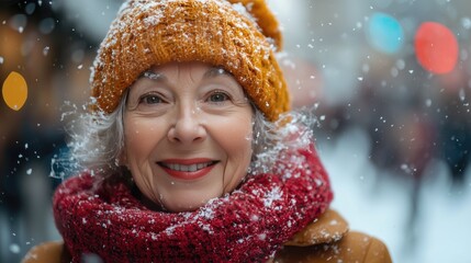 Wall Mural - portrait of happy elderly woman under falling snow