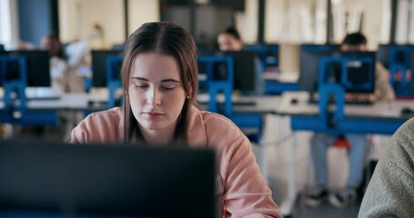 Aufkleber - Computer, education and girl student in classroom for learning, lecture or lesson at university. College, scholarship and study with learner or pupil in school class for online assessment and report