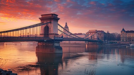 Chain Bridge Budapest Hungary. Landmark Travel Architecture with Hungarian Urban Vibes