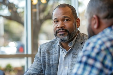 An African American man participating in a job interview in a business office setting.