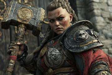 dwarf female warrior with braided hair and battle scars, holding a massive war hammer, clad in intricate armor with skull motifs