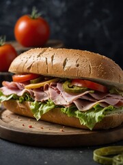 Poster - Classic deli sub sandwich, filled with ham, cheese, lettuce, and tomato.