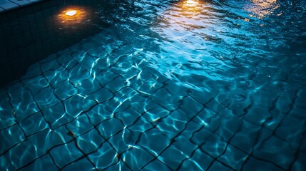 A top view of glowing lights reflecting on the water surface in a swimming pool at night, creating a serene and mesmerizing scene.
