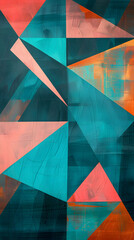 Wall Mural - Bold geometric pattern composed of interlocking triangles in vibrant shades of teal, coral, and gold