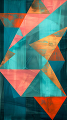 Wall Mural - Bold geometric pattern composed of interlocking triangles in vibrant shades of teal, coral, and gold