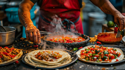 Wall Mural - A man is cooking food in a kitchen with a variety of dishes on the counter. The atmosphere is lively and inviting, with the smell of the food filling the air