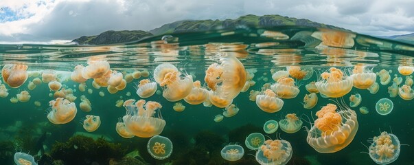 A mesmerizing underwater view of a massive swarm of moon jellyfish, peacefully floating near the ocean surface. Free copy space for text.