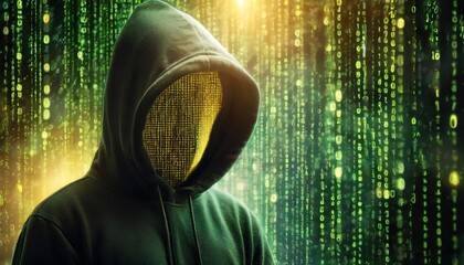 Sticker - A hooded figure with a matrix-style digital face surrounded by falling green code symbols, standing in a dark, futuristic environment.