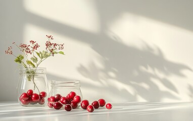 composition of picked autumn berries like cranberries and elderberries in a few small glass jars