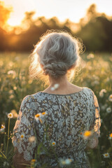 Sticker - elderly woman in flower dress in a meadow among flowers at sunset view from behind Generative AI