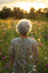 Sticker - elderly woman in flower dress in a meadow among flowers at sunset view from behind Generative AI